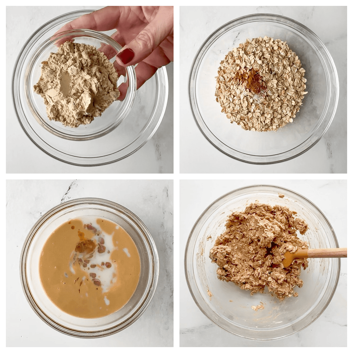 Overhead collage of four images: small dish of vanilla protein powder about to go into a large glass bowl, powder mixed with oats, cinnamon, and salt, batter mixed together, and wet ingredients (tahini, milk, maple syrup, vanilla) in a medium bowl.