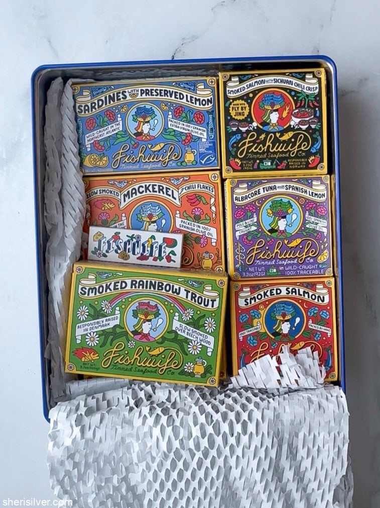 Assorted Fishwife tinned fish products in a gift box.