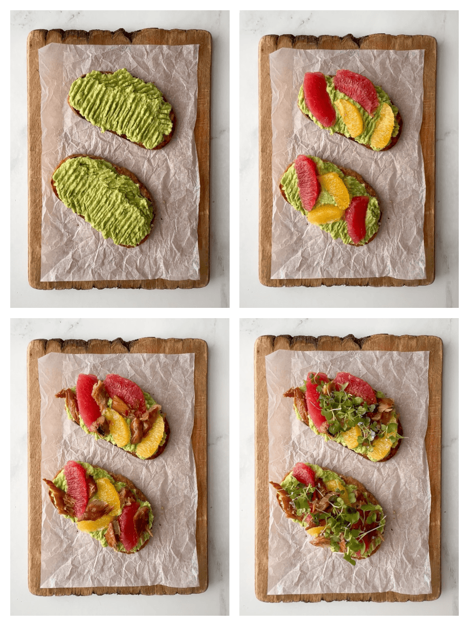 Collage showing citrus segments on mashed avocado, smoked mackerel pieces, and microgreens on toasted bread, culminating in the completed smoked mackerel avocado toast.