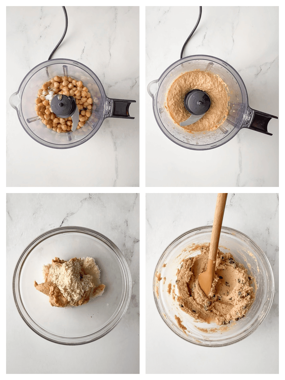 Cookie dough preparation collage: chickpeas, tahini, maple syrup, vanilla, and baking soda in a mini food processor; blended dough in the processor; dough in a glass bowl; almond flour added.