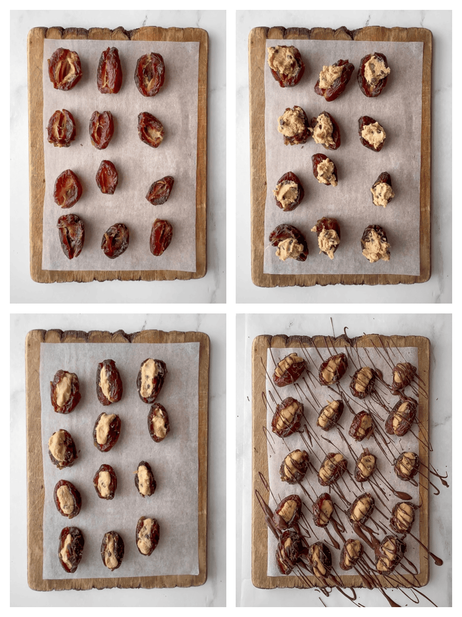 Stuffing dates collage: opened pitted dates on a board; cookie dough spooned onto dates; dough rolled and tucked; finished dates drizzled with chocolate.