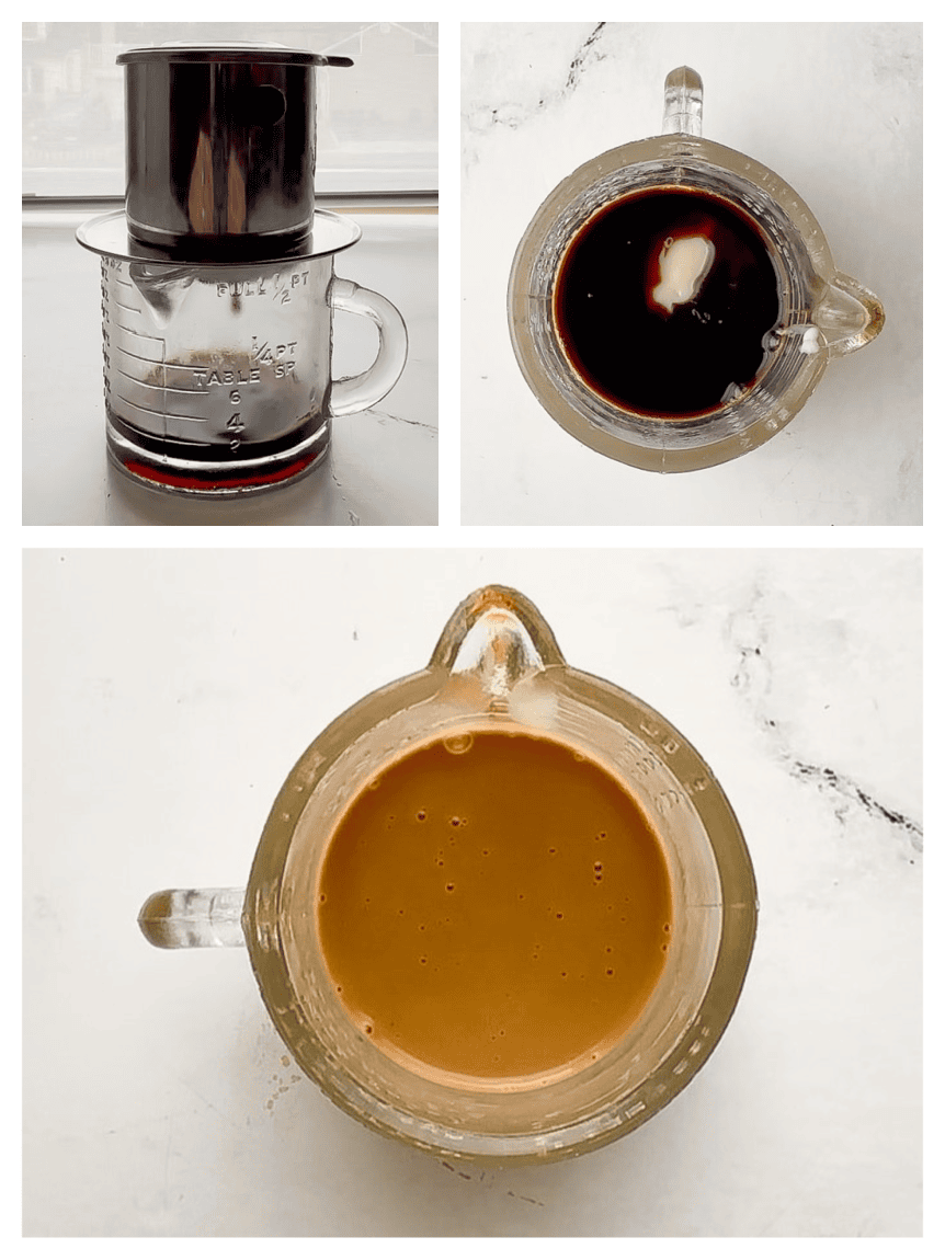 Three-image collage showing Vietnamese coffee dripping from a phin into a glass beaker, condensed milk added to the coffee, and the coffee and condensed milk fully mixed.