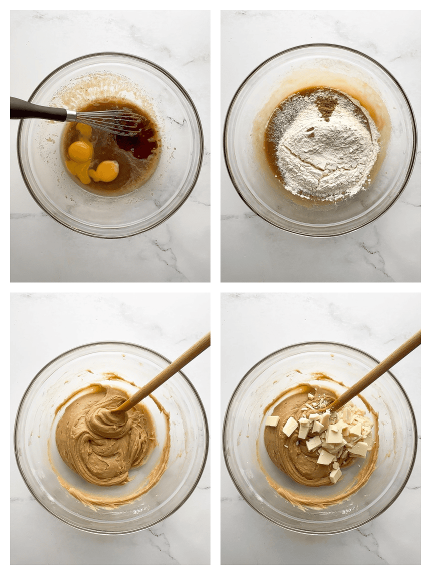 Four-image collage showing wet blondie ingredients in a glass bowl, dry ingredients added on top, batter topped with white chocolate chunks, and batter mixed with white chocolate.
