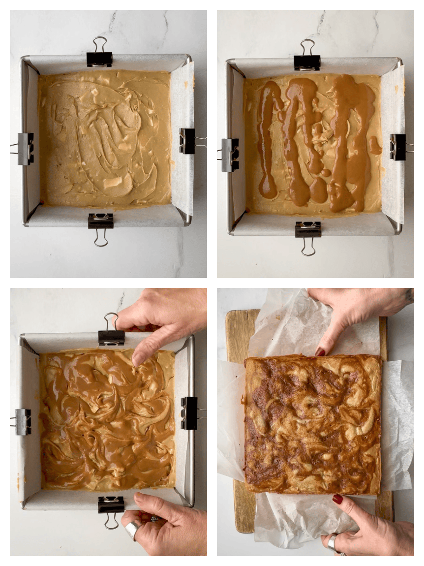 Four-image collage showing blondie batter spread in a parchment-lined square pan, batter topped with Vietnamese coffee, coffee swirled into the batter, and baked blondies in the pan.