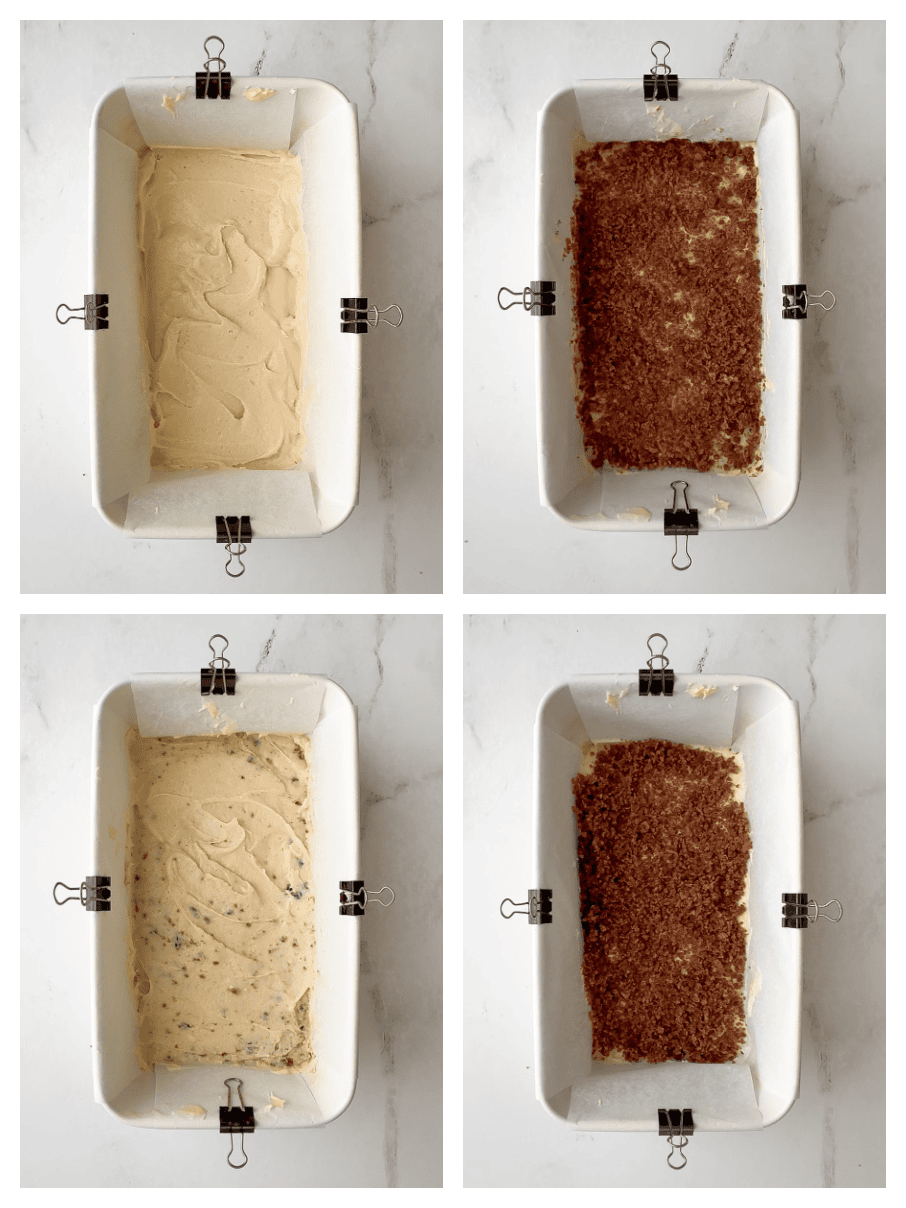 Layered loaf cake assembly showing batter spread in a loaf pan with cinnamon swirl added between layers.