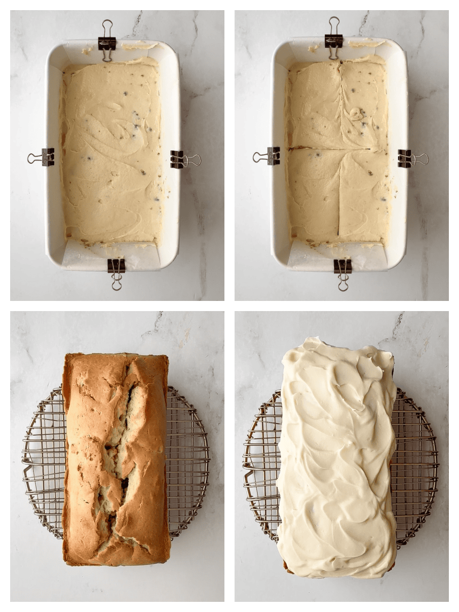 Steps showing final batter layer, knife swirling the batter, baked loaf on a wire rack, and loaf frosted with cream cheese frosting.