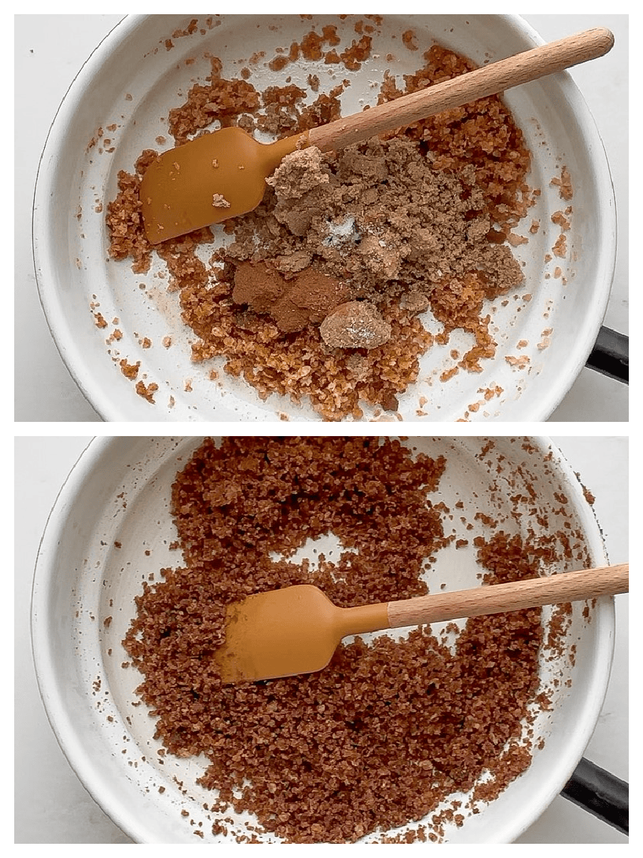 Cinnamon swirl ingredients in a skillet before and after mixing into a cinnamon sugar crumb.