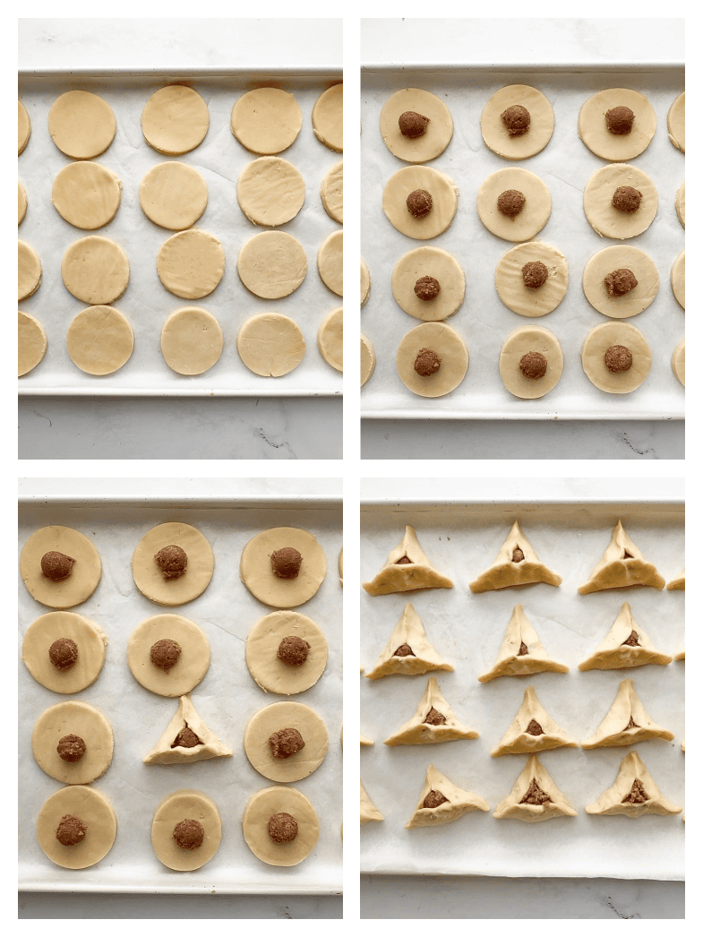 Collage showing steps for forming hamantaschen: cut dough circles, filling added, partially folded cookies, and fully shaped triangles on a parchment-lined baking sheet