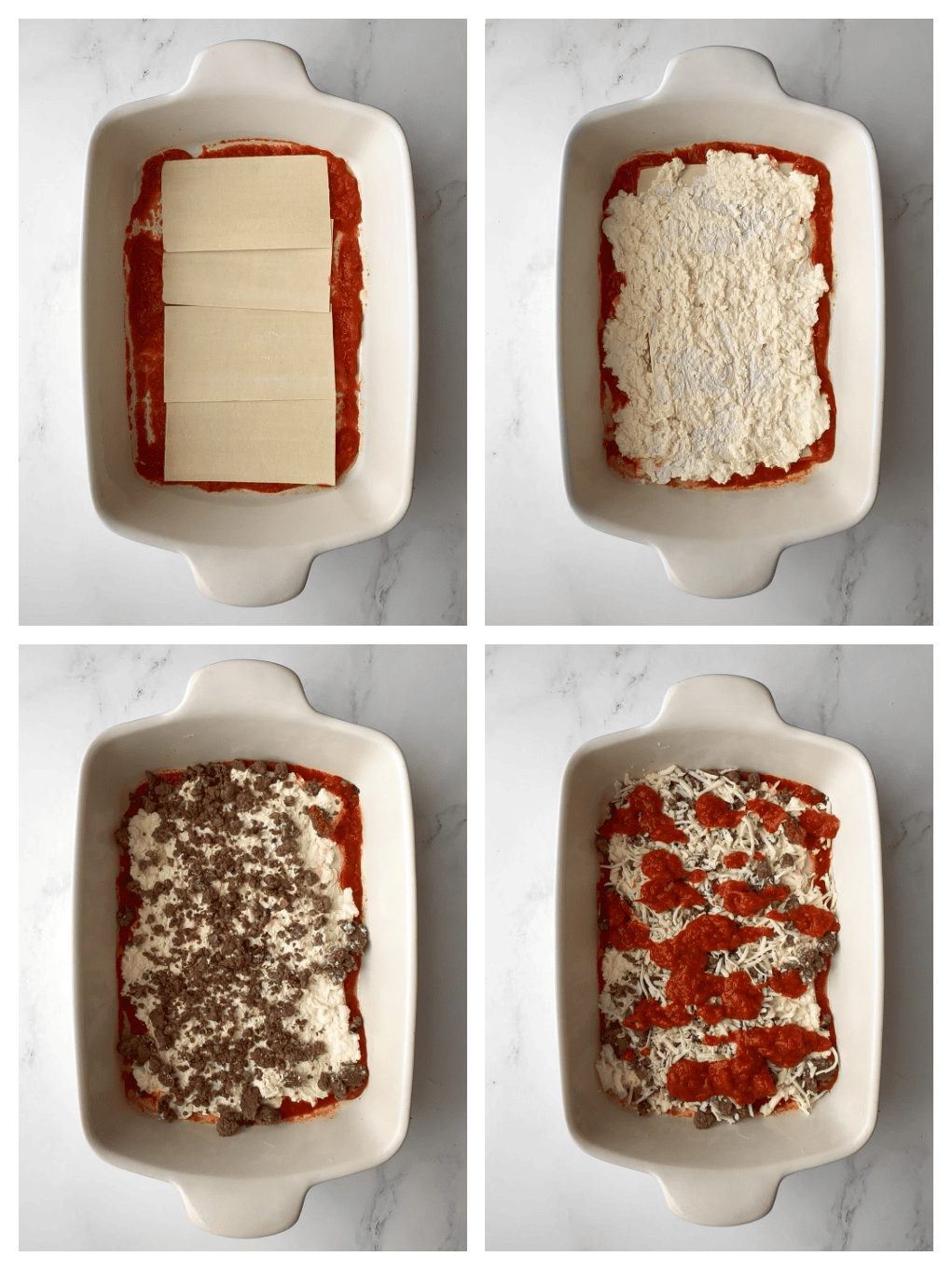 First lasagna layer showing noodles over sauce, ricotta mixture spread, ground beef added, and marinara drizzled on top.