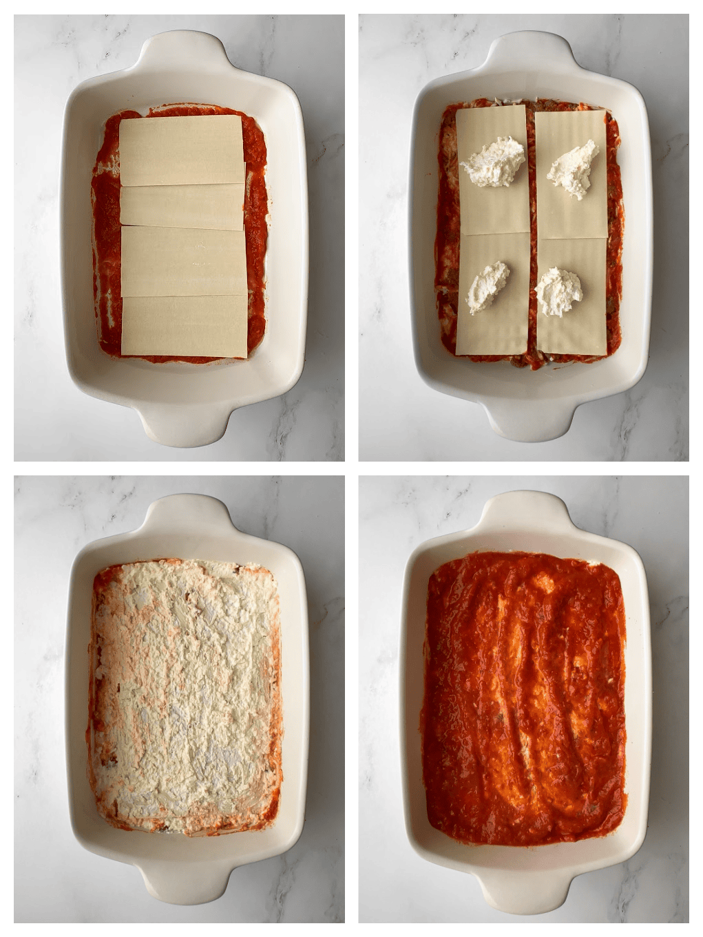 Second lasagna layer with noodles topped with dolloped ricotta mixture, ricotta spread evenly, and marinara sauce spread.