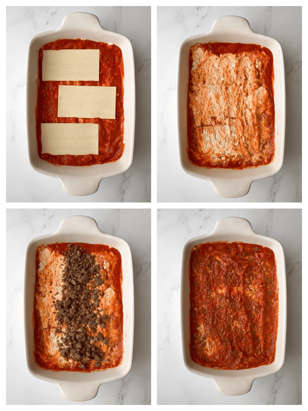 Third lasagna layer showing noodles topped with ricotta mixture, ground beef, and marinara sauce spread.
