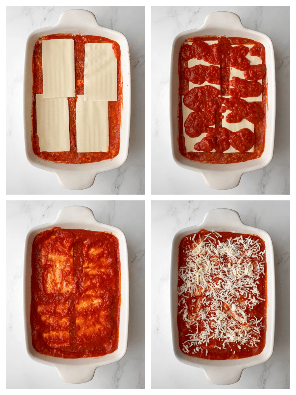 Final lasagna layer with noodles topped with marinara sauce and shredded mozzarella scattered before baking.