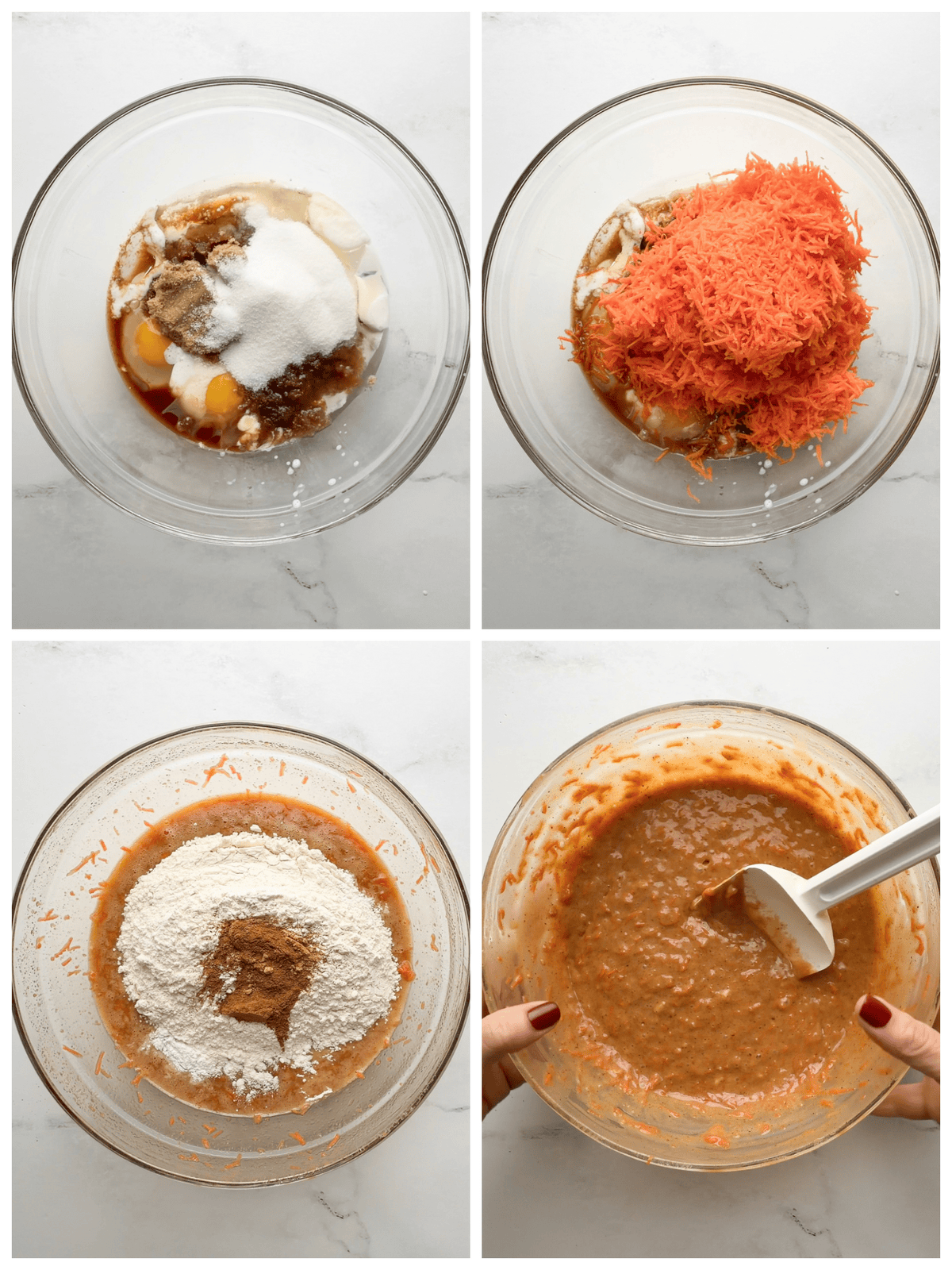 Step-by-step collage: mixing sugars, eggs, and vanilla; adding grated carrots; adding dry ingredients; fully mixed carrot cake batter