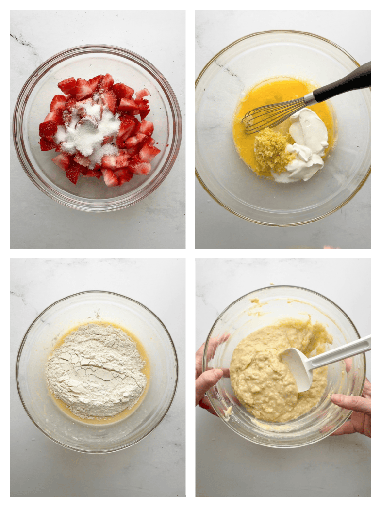 Step-by-step collage showing macerating strawberries, whisking wet ingredients with lemon zest, adding flour, and folding the batter