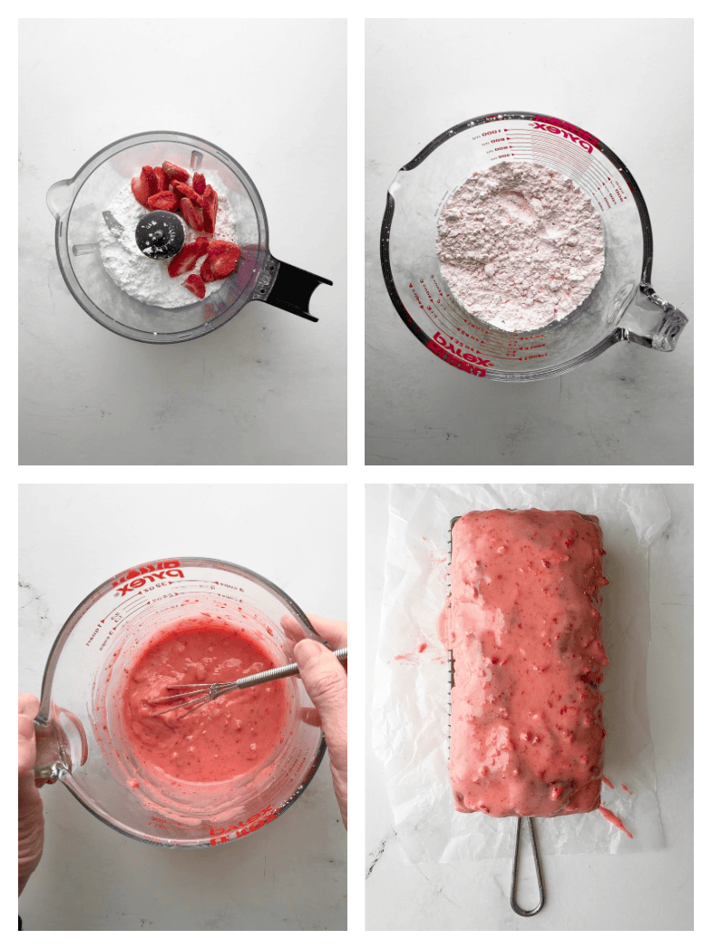 Step-by-step collage showing freeze-dried strawberries and sugar in food processor, pink powder after grinding, whisking the strawberry glaze, and finished glazed loaf