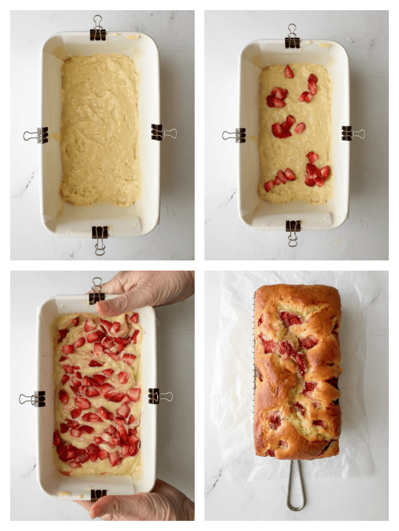 Step-by-step collage showing batter in loaf pan, macerated strawberries layered on top, fully assembled loaf before baking, and baked loaf on cooling rack